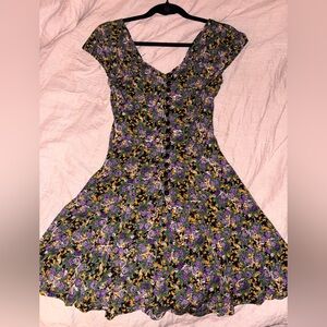 Mini Floral V-Neck Button-Front Women's Dress in Purple